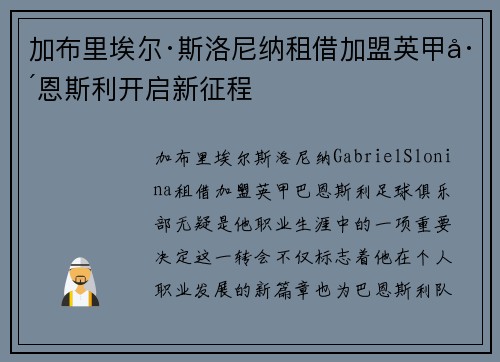 加布里埃尔·斯洛尼纳租借加盟英甲巴恩斯利开启新征程